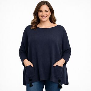 Lilly Pulitzer Navy Blue Tassel Poncho Sweater XL CoolMax Oversize Lagenlook New